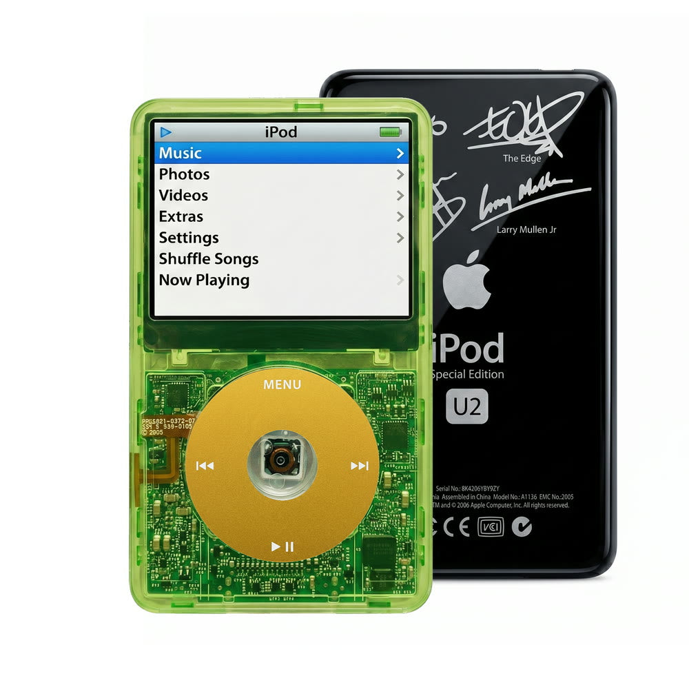 Clear Green refurbished iPod Video 5.5 Gen with Yellow click wheel and Black U2 back plate
