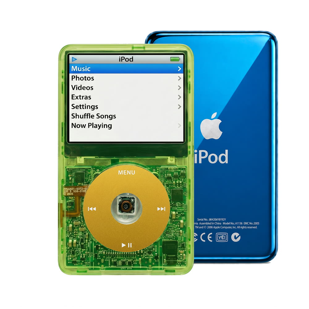 Clear Green refurbished iPod Video 5.5 Gen with Yellow click wheel and Blue back plate