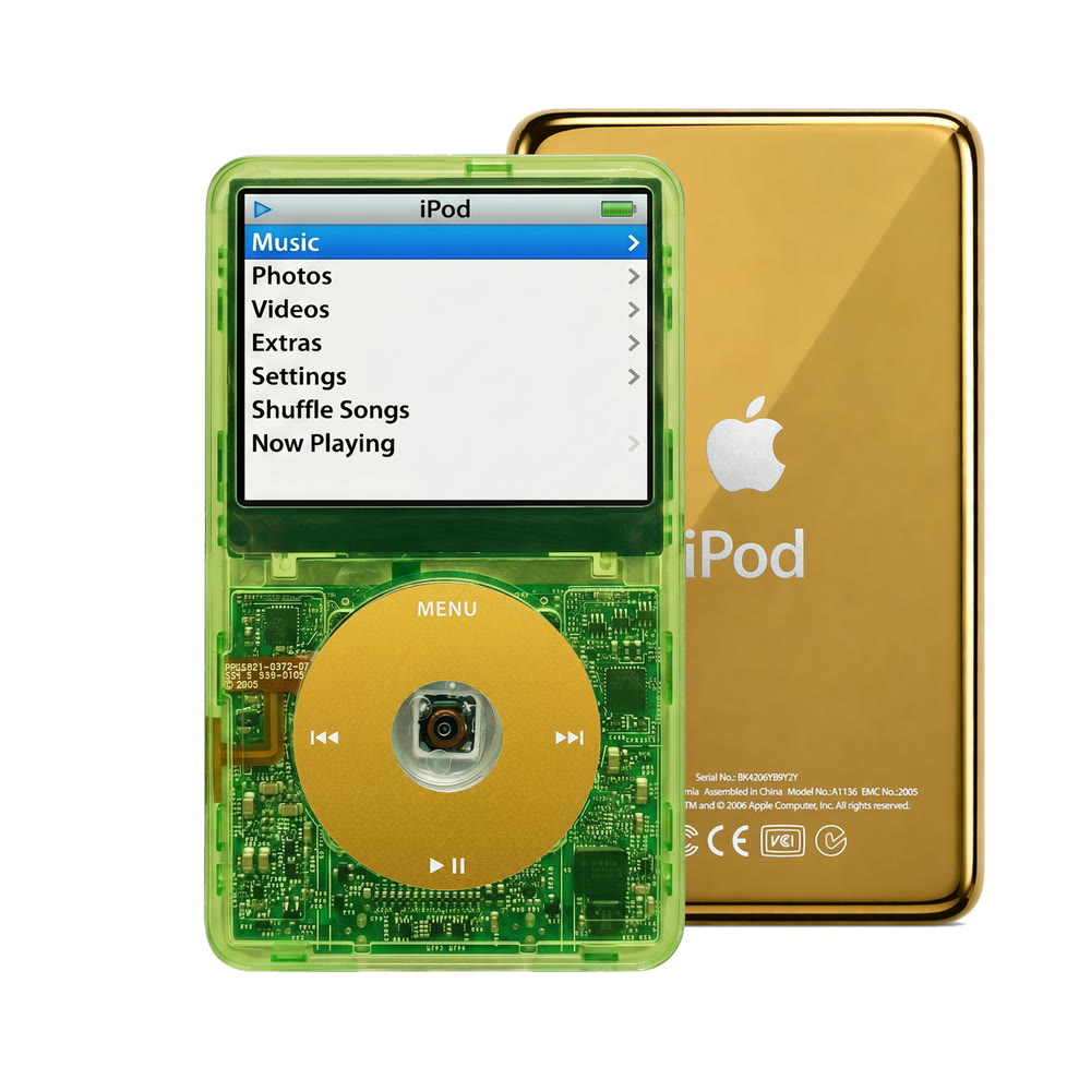 Clear Green refurbished iPod Video 5.5 Gen with Yellow click wheel and Gold back plate