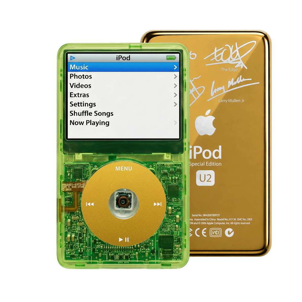 Clear Green refurbished iPod Video 5.5 Gen with Yellow click wheel and Gold U2 back plate