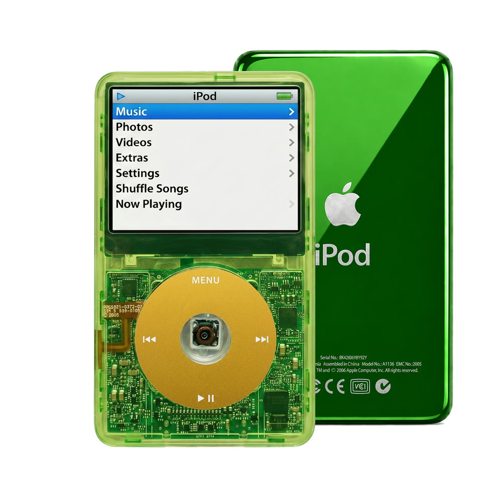 Clear Green refurbished iPod Video 5.5 Gen with Yellow click wheel and Green back plate