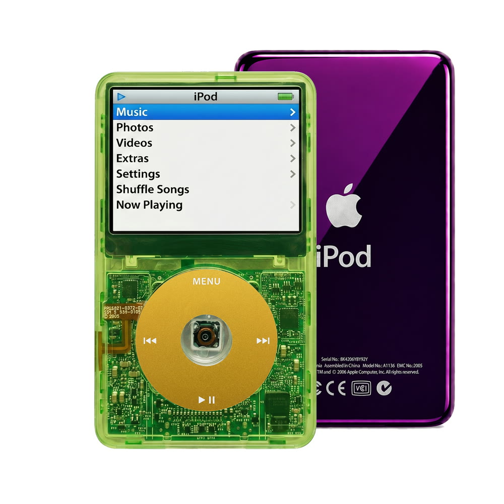 Clear Green refurbished iPod Video 5.5 Gen with Yellow click wheel and Purple back plate