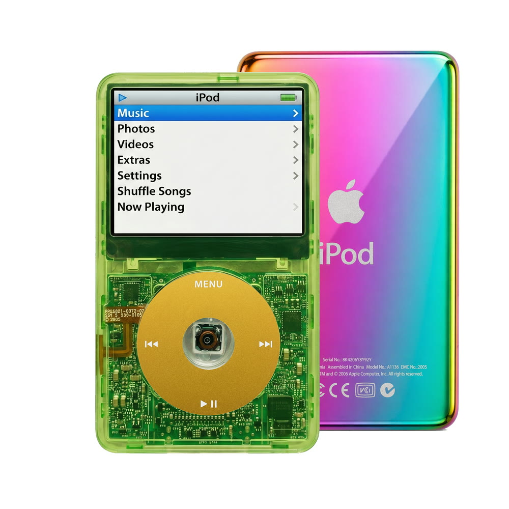 Clear Green refurbished iPod Video 5.5 Gen with Yellow click wheel and Rainbow back plate