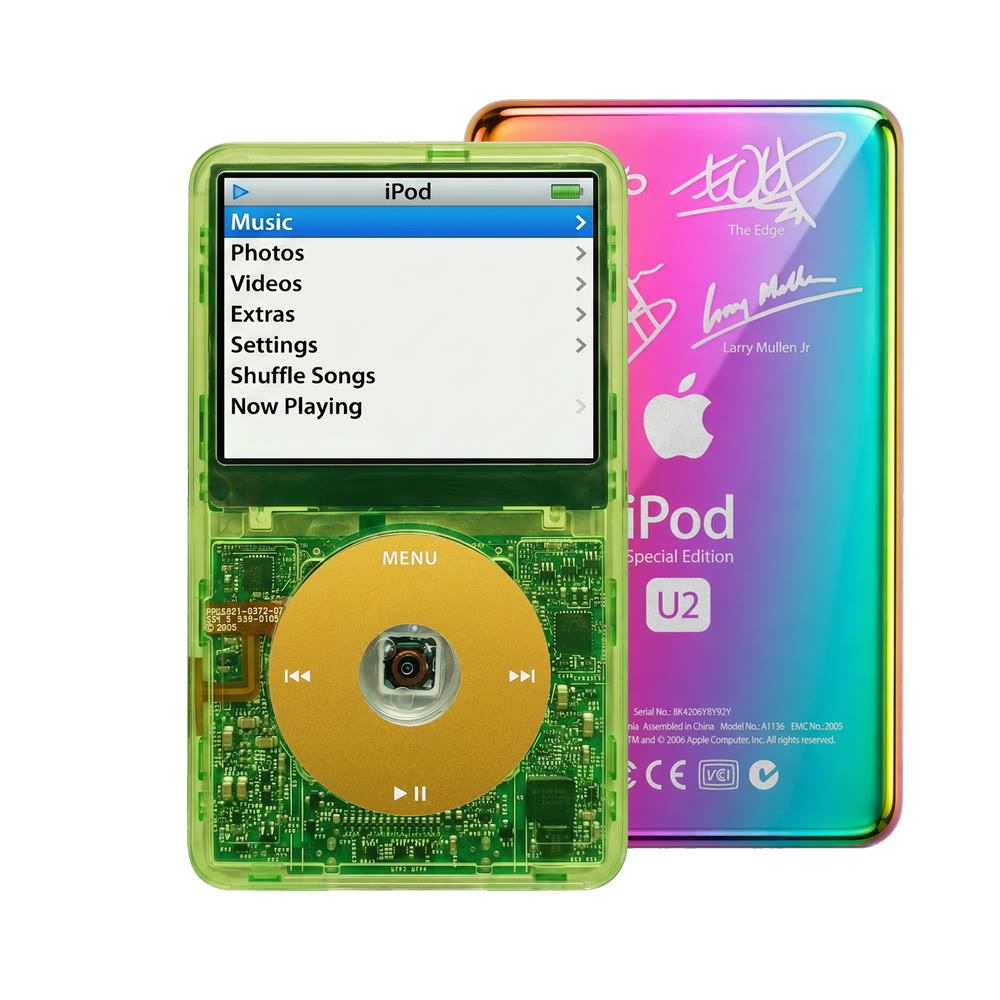 Clear Green refurbished iPod Video 5.5 Gen with Yellow click wheel and Rainbow U2 back plate