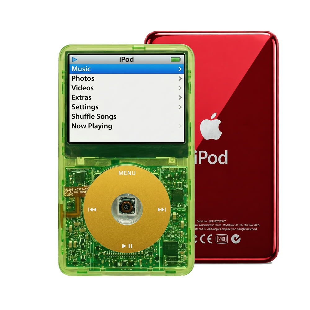 Clear Green refurbished iPod Video 5.5 Gen with Yellow click wheel and Red back plate