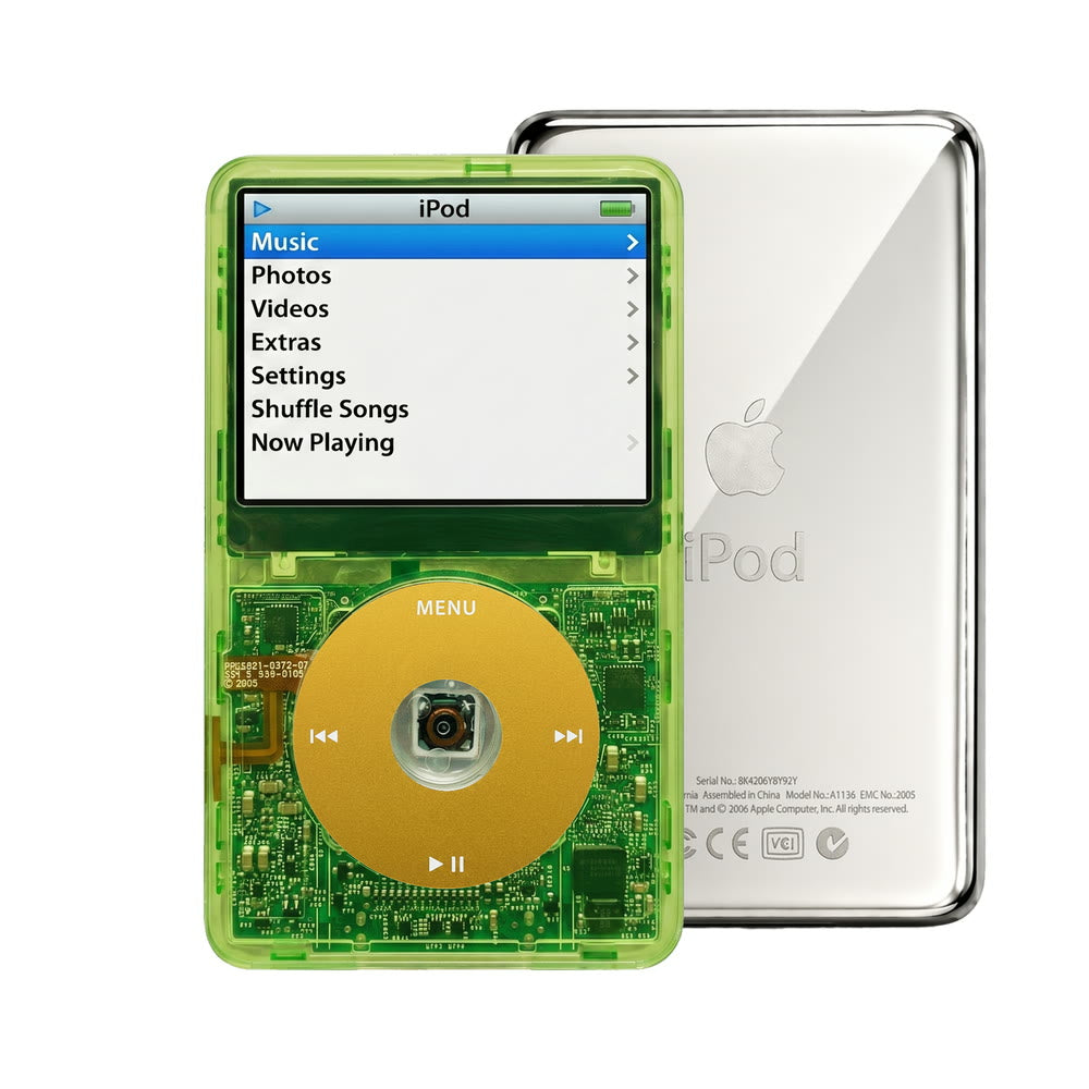 Clear Green refurbished iPod Video 5.5 Gen with Yellow click wheel and Silver back plate