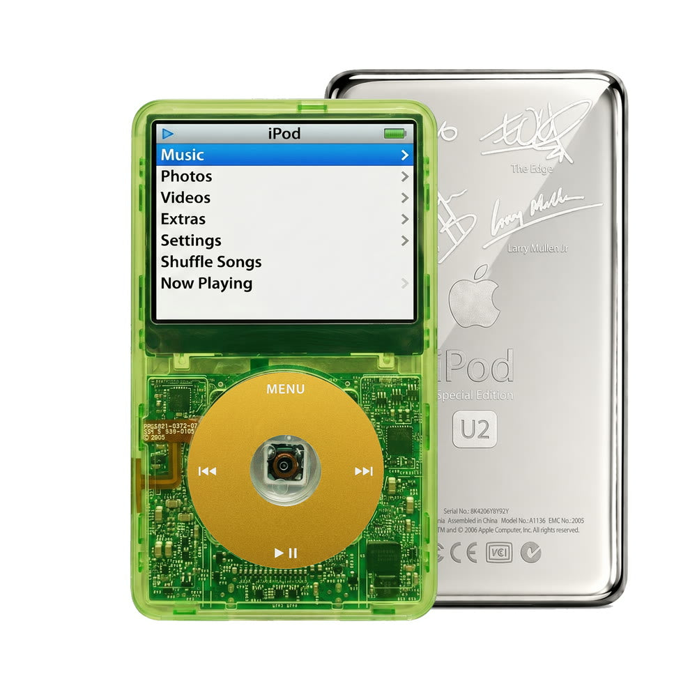 Clear Green refurbished iPod Video 5.5 Gen with Yellow click wheel and Silver U2 back plate