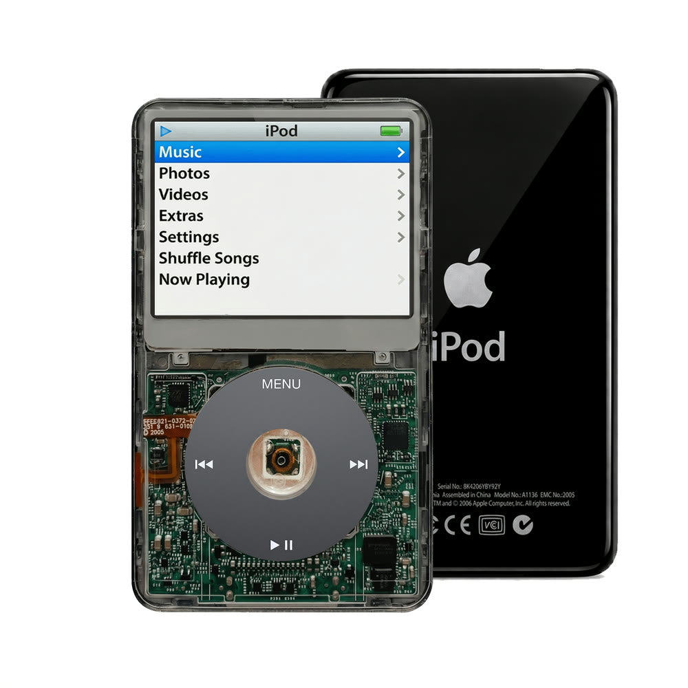 Clear Gray refurbished iPod Video 5.5 Gen with Black click wheel and Black back plate