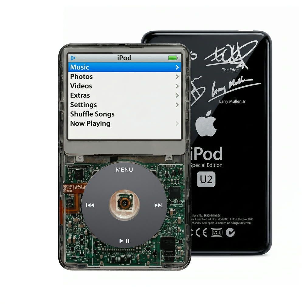 Clear Gray refurbished iPod Video 5.5 Gen with Black click wheel and Black U2 back plate