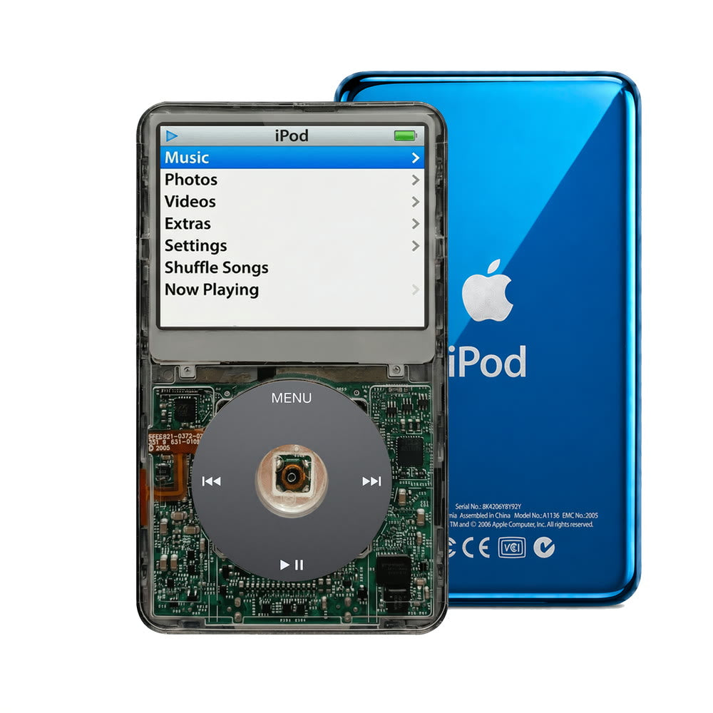 Clear Gray refurbished iPod Video 5.5 Gen with Black click wheel and Blue back plate