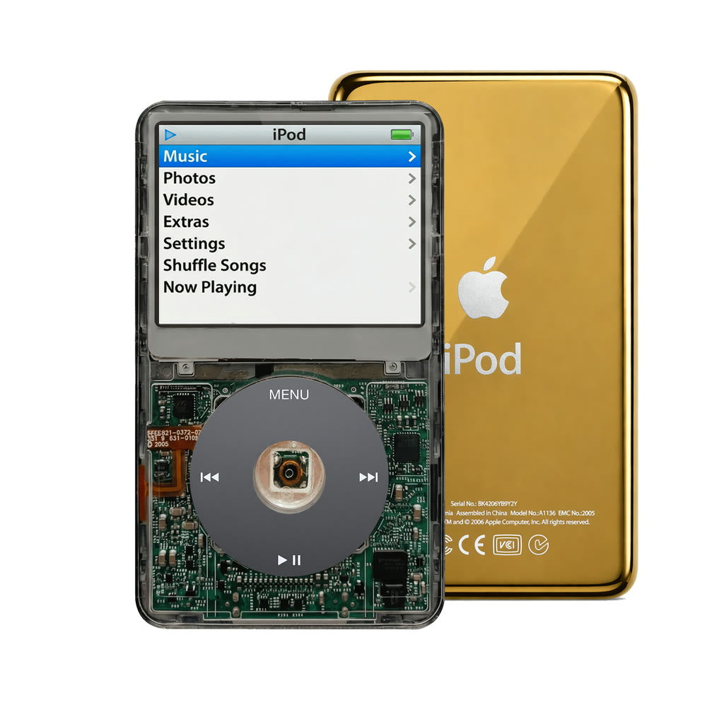 Clear Gray refurbished iPod Video 5.5 Gen with Black click wheel and Gold back plate