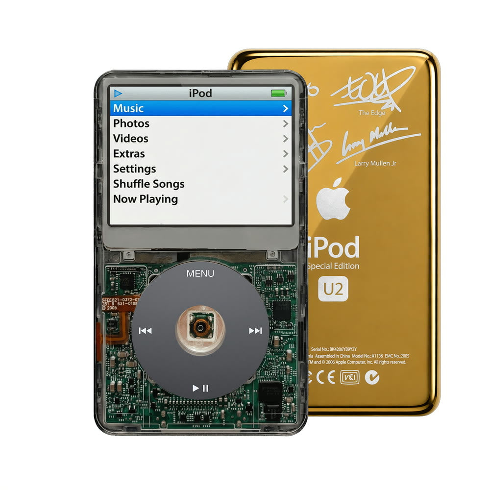 Clear Gray refurbished iPod Video 5.5 Gen with Black click wheel and Gold U2 back plate