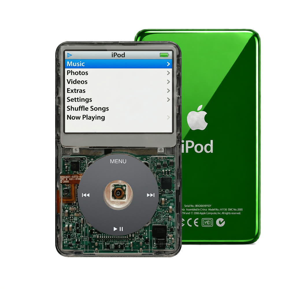 Clear Gray refurbished iPod Video 5.5 Gen with Black click wheel and Green back plate