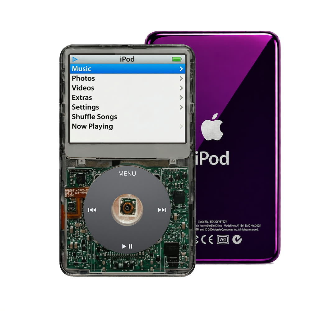 Clear Gray refurbished iPod Video 5.5 Gen with Black click wheel and Purple back plate