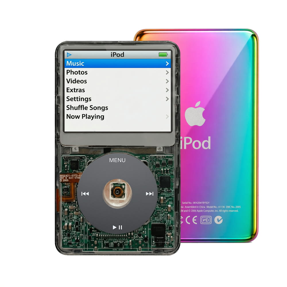 Clear Gray refurbished iPod Video 5.5 Gen with Black click wheel and Rainbow back plate