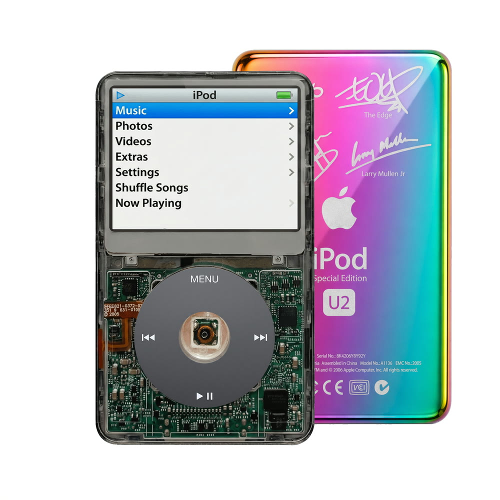 Clear Gray refurbished iPod Video 5.5 Gen with Black click wheel and Rainbow U2 back plate