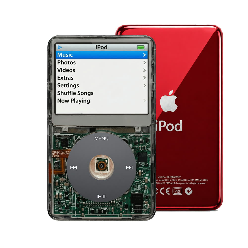 Clear Gray refurbished iPod Video 5.5 Gen with Black click wheel and Red back plate