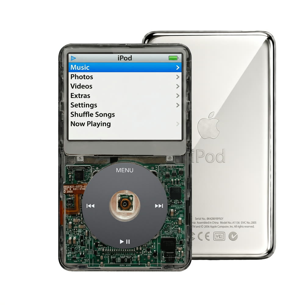 Clear Gray refurbished iPod Video 5.5 Gen with Black click wheel and Silver back plate