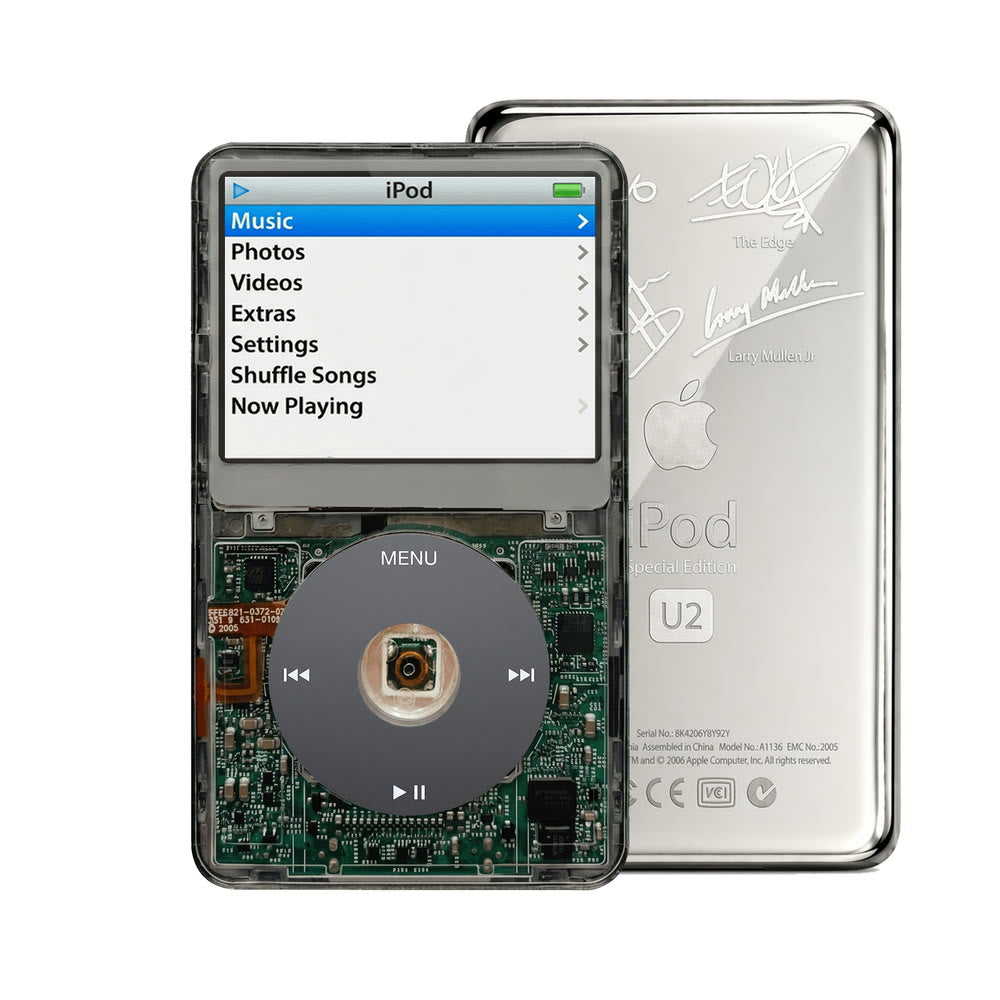 Clear Gray refurbished iPod Video 5.5 Gen with Black click wheel and Silver U2 back plate