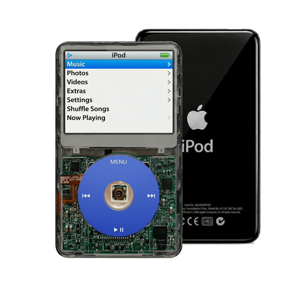 Clear Gray refurbished iPod Video 5.5 Gen with Blue click wheel and Black back plate
