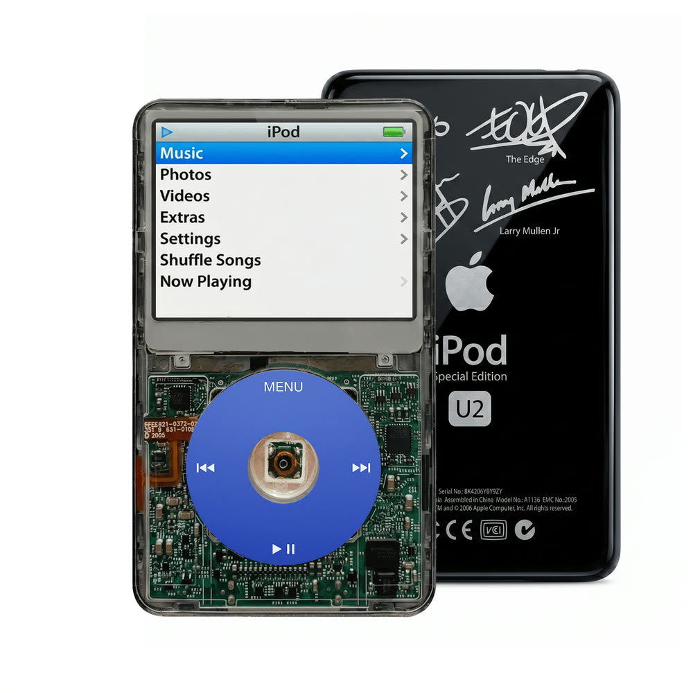 Clear Gray refurbished iPod Video 5.5 Gen with Blue click wheel and Black U2 back plate