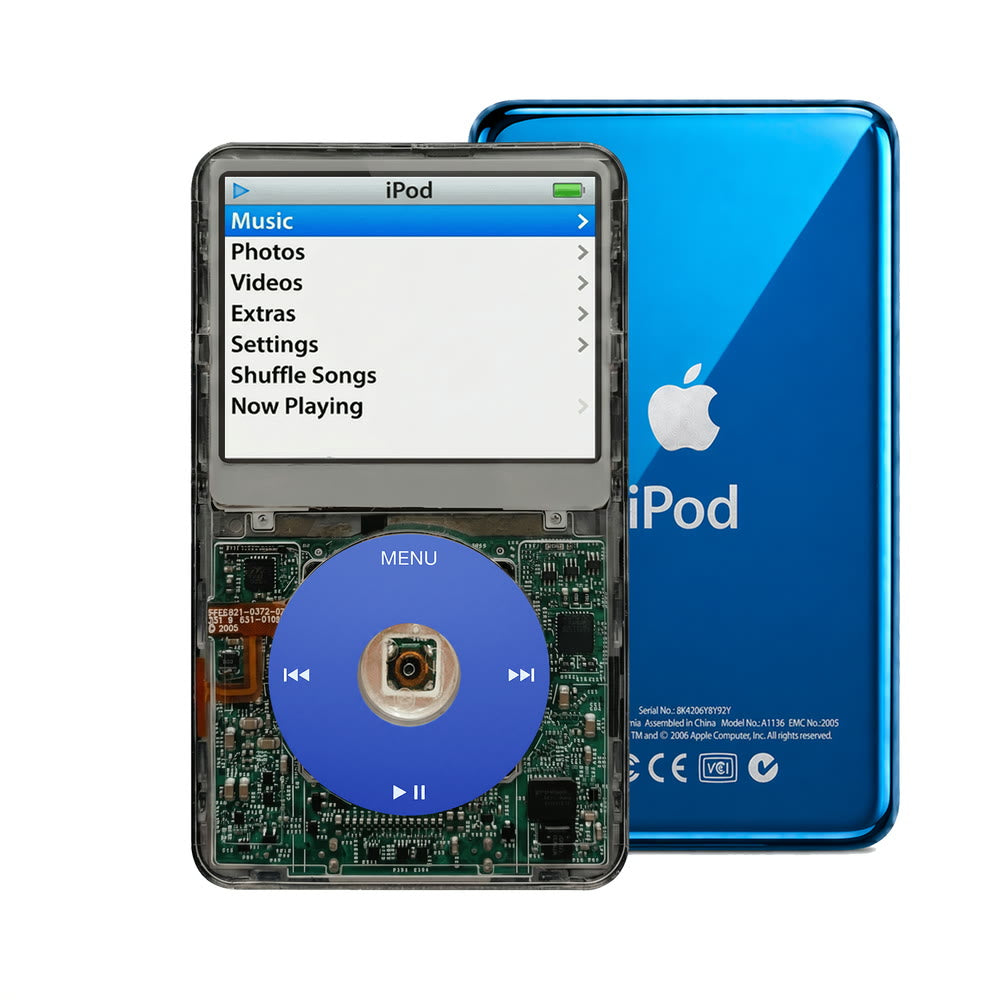 Clear Gray refurbished iPod Video 5.5 Gen with Blue click wheel and Blue back plate