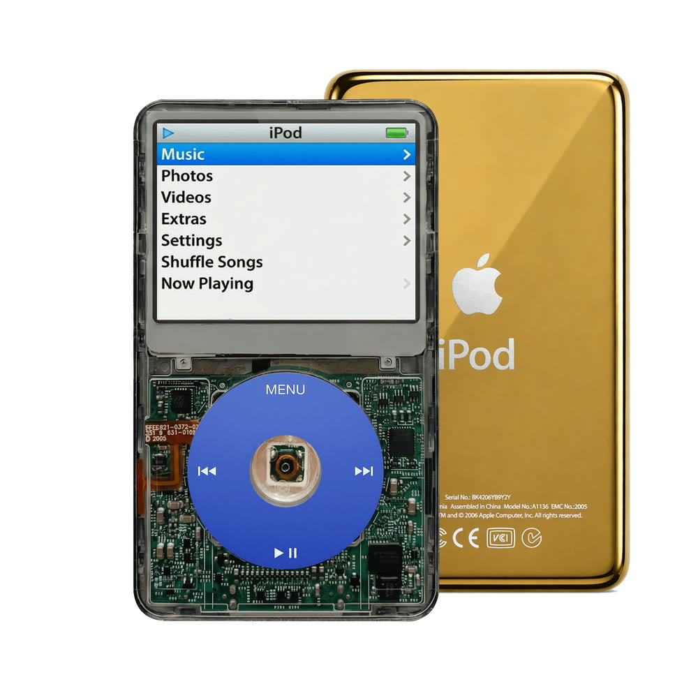 Clear Gray refurbished iPod Video 5.5 Gen with Blue click wheel and Gold back plate