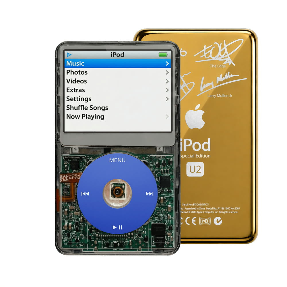 Clear Gray refurbished iPod Video 5.5 Gen with Blue click wheel and Gold U2 back plate