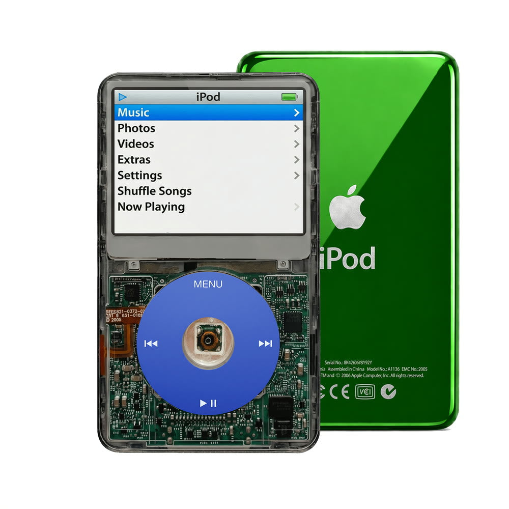 Clear Gray refurbished iPod Video 5.5 Gen with Blue click wheel and Green back plate