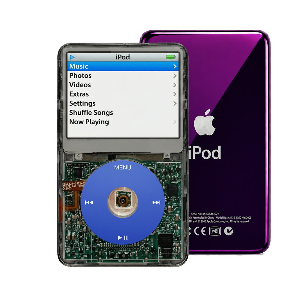 Clear Gray refurbished iPod Video 5.5 Gen with Blue click wheel and Purple back plate
