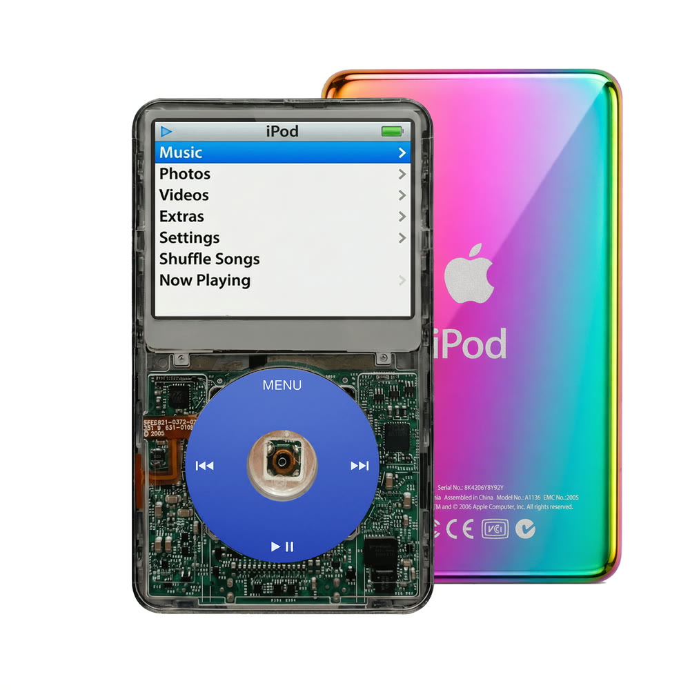Clear Gray refurbished iPod Video 5.5 Gen with Blue click wheel and Rainbow back plate
