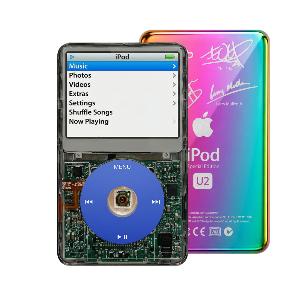 Clear Gray refurbished iPod Video 5.5 Gen with Blue click wheel and Rainbow U2 back plate