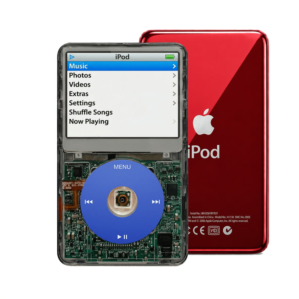 Clear Gray refurbished iPod Video 5.5 Gen with Blue click wheel and Red back plate