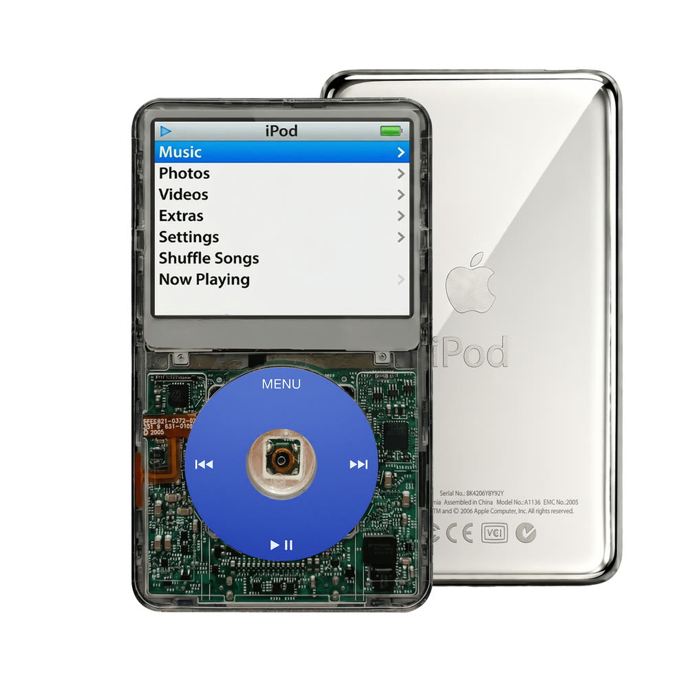 Clear Gray refurbished iPod Video 5.5 Gen with Blue click wheel and Silver back plate