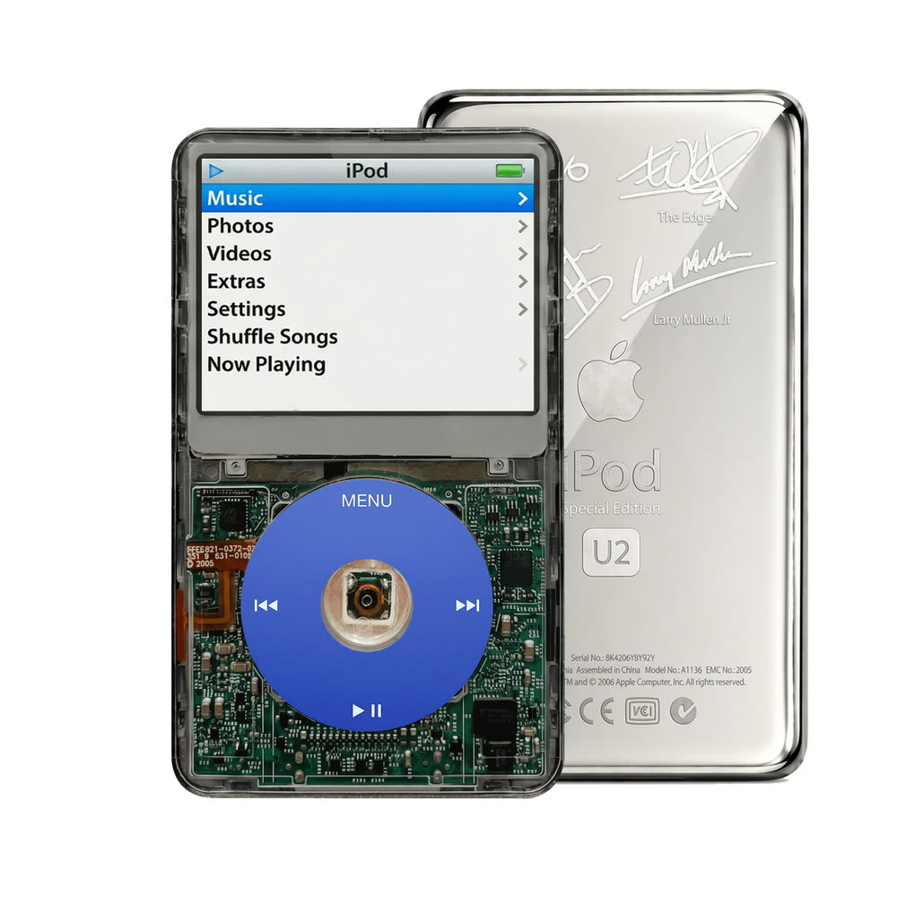 Clear Gray refurbished iPod Video 5.5 Gen with Blue click wheel and Silver U2 back plate