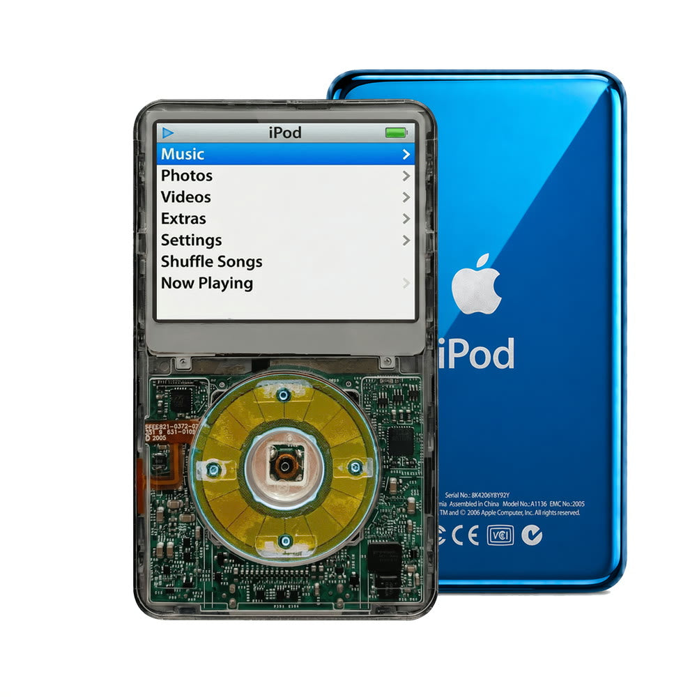 Clear Gray refurbished iPod Video 5.5 Gen with Clear Blue click wheel and Blue back plate