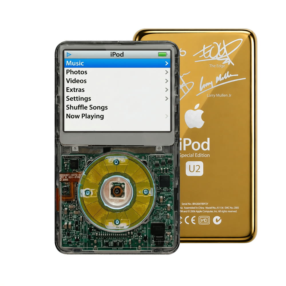 Clear Gray refurbished iPod Video 5.5 Gen with Clear Blue click wheel and Gold U2 back plate