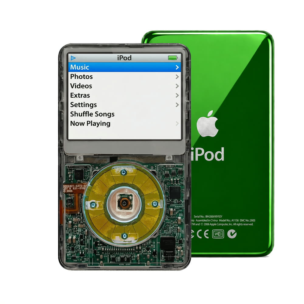 Clear Gray refurbished iPod Video 5.5 Gen with Clear Blue click wheel and Green back plate