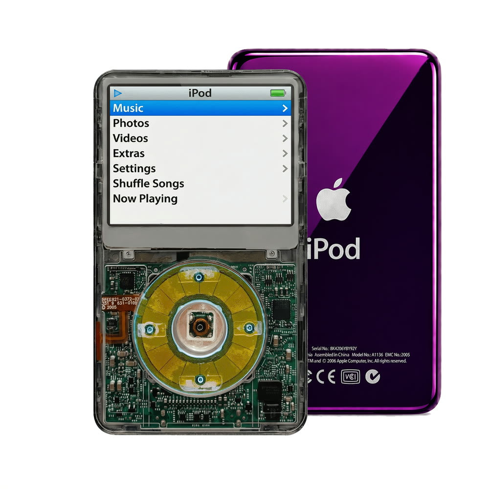 Clear Gray refurbished iPod Video 5.5 Gen with Clear Blue click wheel and Purple back plate