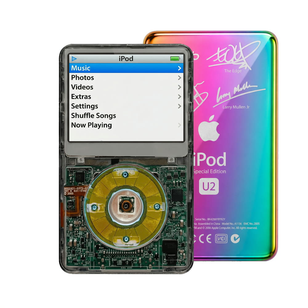 Clear Gray refurbished iPod Video 5.5 Gen with Clear Blue click wheel and Rainbow U2 back plate