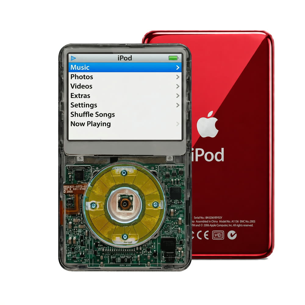 Clear Gray refurbished iPod Video 5.5 Gen with Clear Blue click wheel and Red back plate