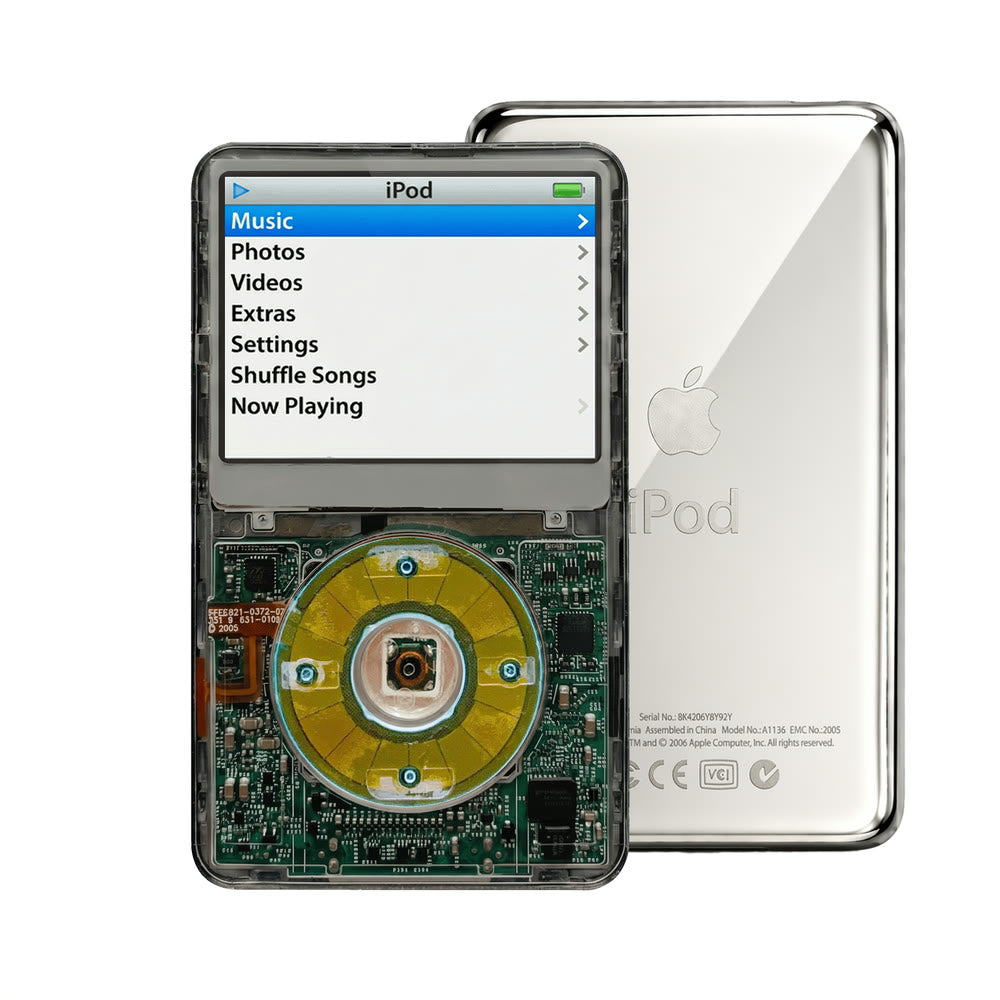 Clear Gray refurbished iPod Video 5.5 Gen with Clear Blue click wheel and Silver back plate