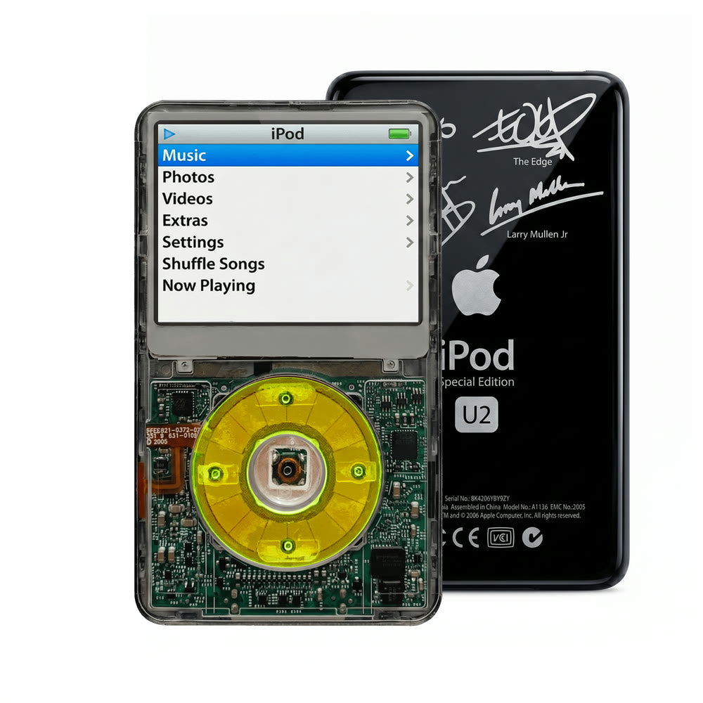 Clear Gray refurbished iPod Video 5.5 Gen with Clear Green click wheel and Black U2 back plate