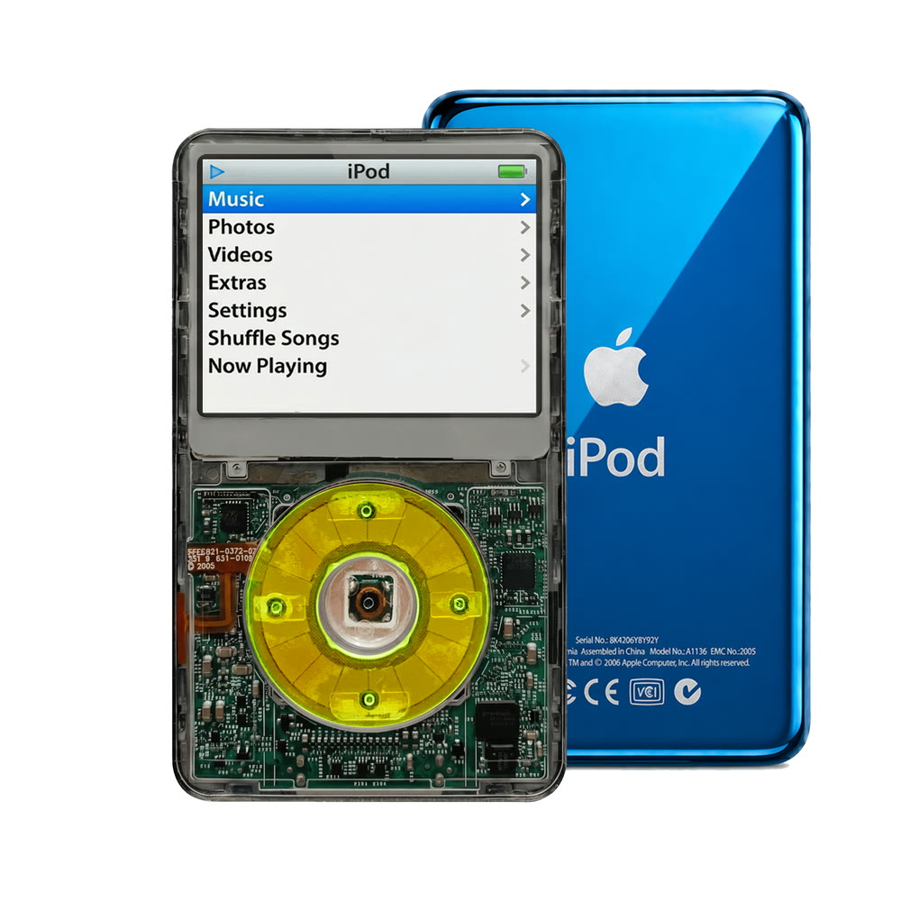 Clear Gray refurbished iPod Video 5.5 Gen with Clear Green click wheel and Blue back plate