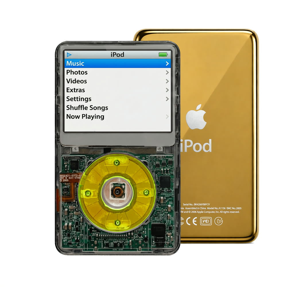Clear Gray refurbished iPod Video 5.5 Gen with Clear Green click wheel and Gold back plate