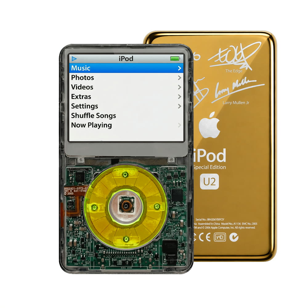 Clear Gray refurbished iPod Video 5.5 Gen with Clear Green click wheel and Gold U2 back plate