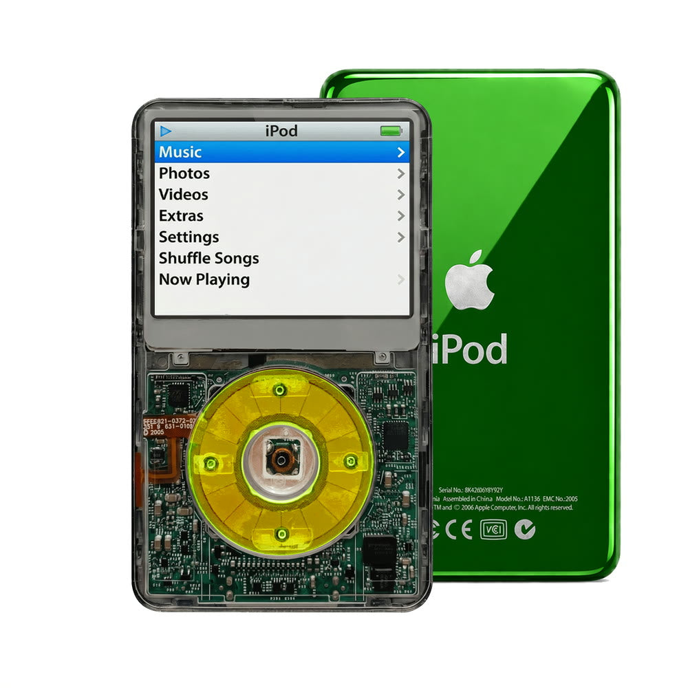 Clear Gray refurbished iPod Video 5.5 Gen with Clear Green click wheel and Green back plate
