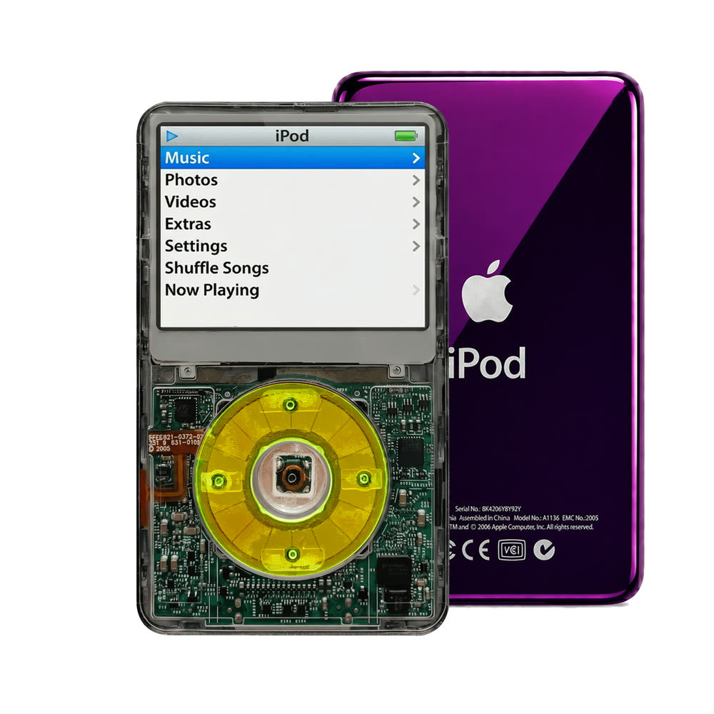 Clear Gray refurbished iPod Video 5.5 Gen with Clear Green click wheel and Purple back plate