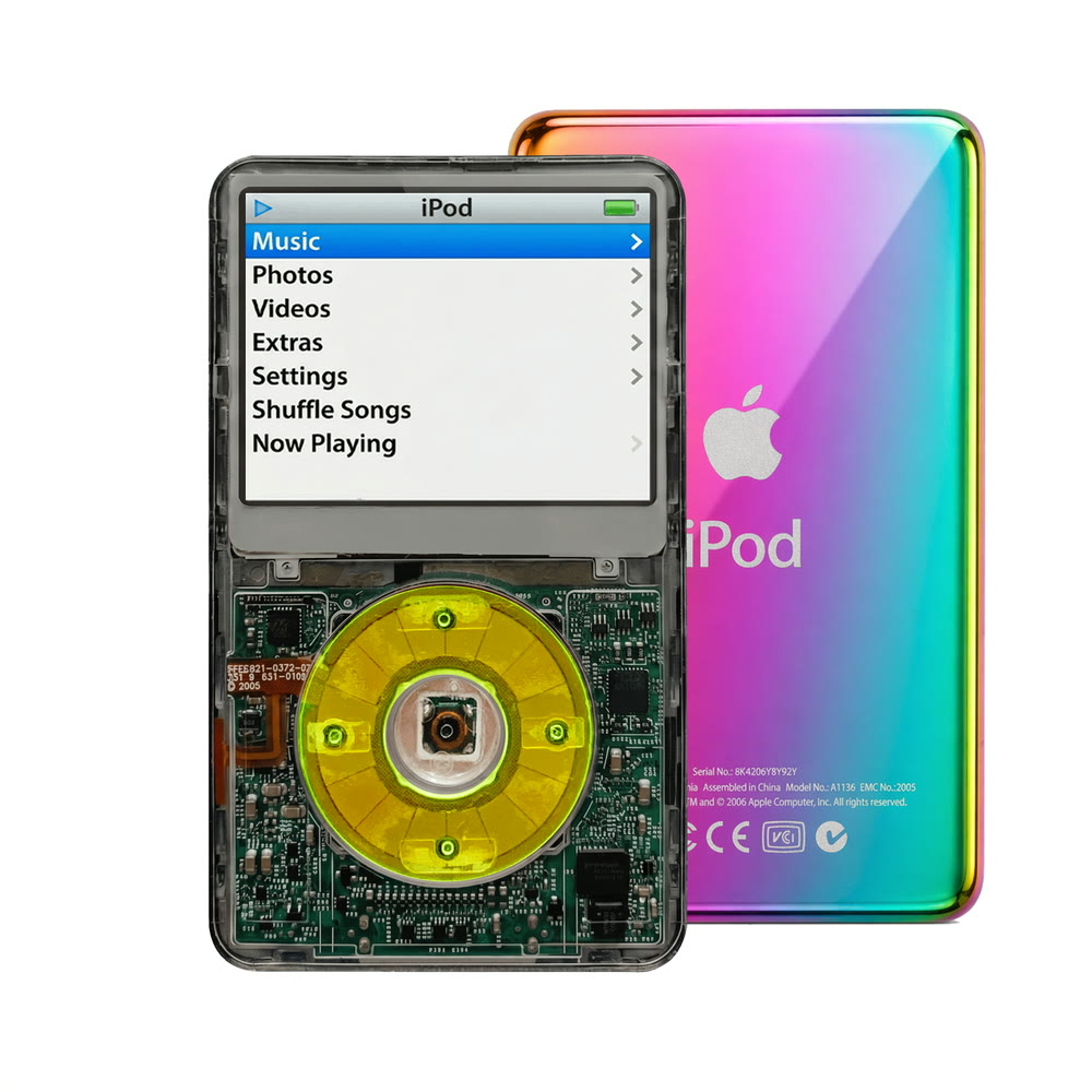 Clear Gray refurbished iPod Video 5.5 Gen with Clear Green click wheel and Rainbow back plate