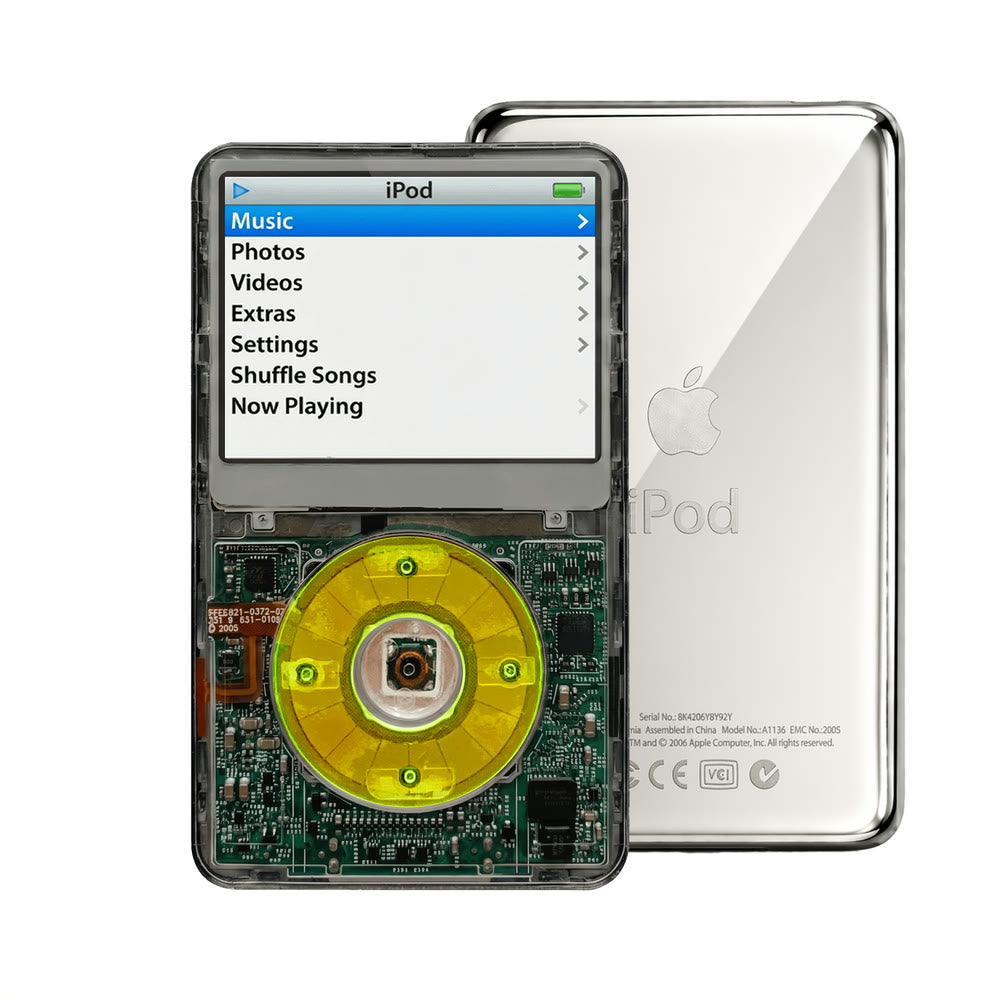 Clear Gray refurbished iPod Video 5.5 Gen with Clear Green click wheel and Silver back plate